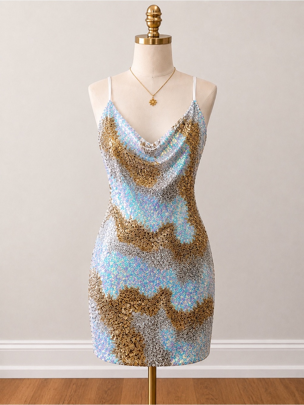 Crystal Doll Iridescent Blue & Gold Mini Slip Dress